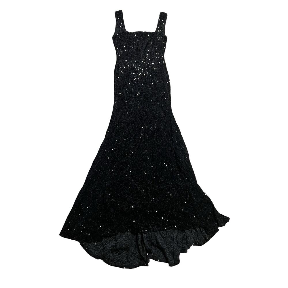 FAERIESTY Womens Black Sequin Velvet Maxi Dress L High Low Mermaid Party Gown